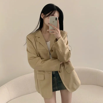 A Spoonful of Trendy, Suede Cut-out Collar Pocket Three-Button Loose Fit Jacket