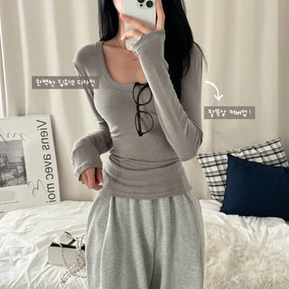 [Perfect Fit/Snapshot Look] Wool Peach Ningning Deep U-Neck Basic Long Sleeve T-Shirt (7 colors)