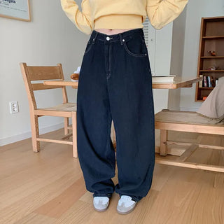 Maxi balloon fit dark blue wide long denim pants straight fit denim pants for tall women jeans