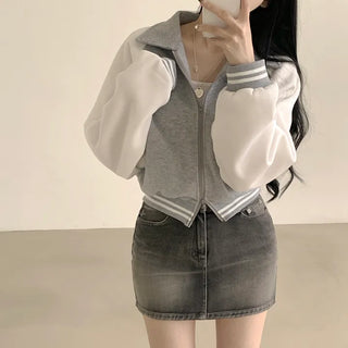 Guaranteed Cuteness, Contrast Collar Raglan Loose Crop Fleece-lined Two-way Zip-up