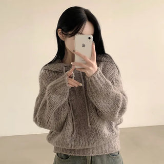 Cozy, blanket-wrapped, thick wool loose-fit hooded long-sleeve knit
