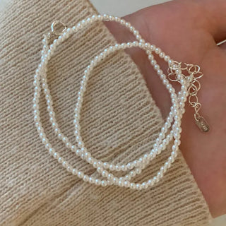 Glass Slim Dense Pearl Layered Silver Necklace
