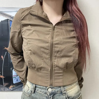 Slim Round Pocket Varsity Jacket Blouson Transitional Zip-up Jacket Crop Jumper Vintage Y2K