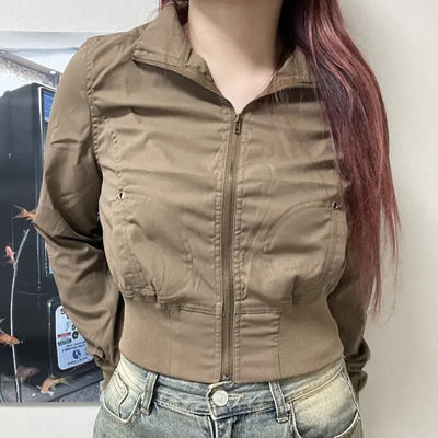 Slim Round Pocket Varsity Jacket Blouson Transitional Zip-up Jacket Crop Jumper Vintage Y2K
