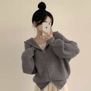 Soft Wool Material, Two-Way Hooded Loose Fit Zip-Up Knit Cardigan
