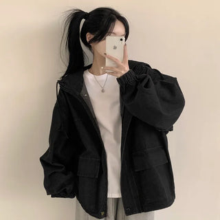 Black Denim Hooded Pocket Drawstring Boxy Jacket Jumper, Perfect for Layering with a Loose Fit