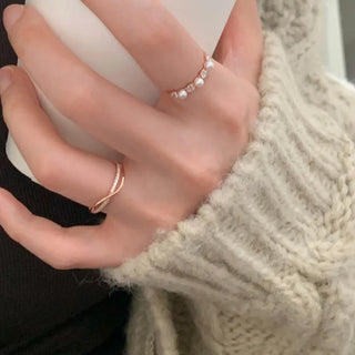 Layered Silver Ring with Pearl and Cubic Point