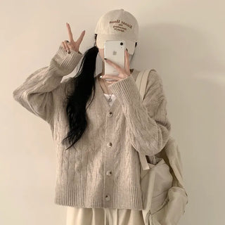 Delicate Fit with Protective Instinct, Cable Knit V-Neck Loose Long Sleeve Cardigan