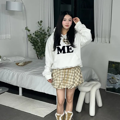 Brushed plaid color-block balloon skirt