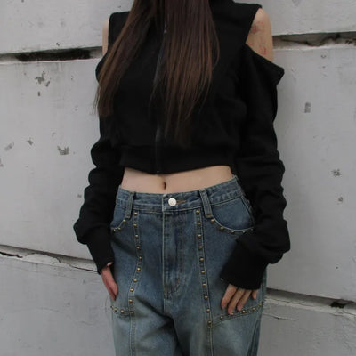 Slit Crop Zip-Up Hoodie (2 colors)