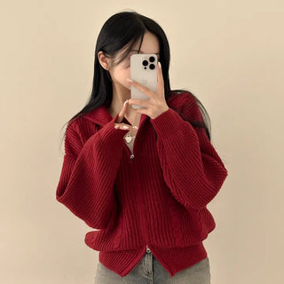 Slimming, Thick Cable Knit Two-way Loose Fit Zip-up Cardigan
