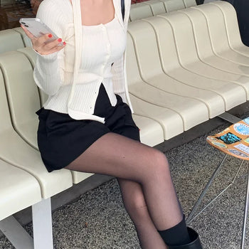 *Volume Up* Muffler Set, Square Neck Ribbed Knit Top, Knit Cardigan