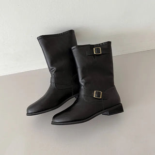 Oversized Buckle Boots Suede Mid-calf Boots Leather Vintage Biker Boots Four-Season Shoes