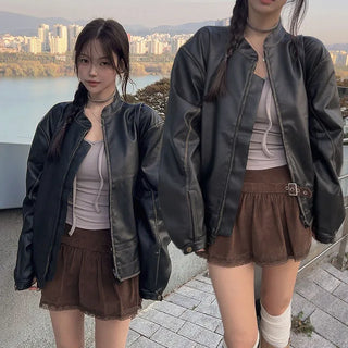 [High Quality] Handsbean Washed Color Block Leather Jacket