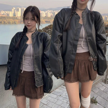 [High Quality] Handsbean Washed Color Block Leather Jacket