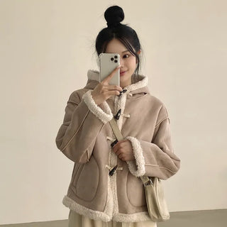 Full of Cuteness, Fleece Suede Hooded Duffle Jacket Cardigan