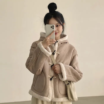 Full of Cuteness, Fleece Suede Hooded Duffle Jacket Cardigan