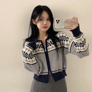 Vintage Mood, Nordic Two-way Collar Crop Knit Zip-up Cardigan