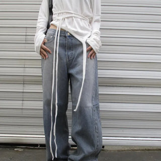 Cut-off denim wide pants