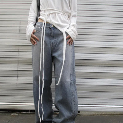 Cut-off denim wide pants