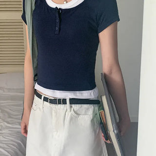 Let It Be Stretchy Modal Layered Button Short Sleeve T-shirt