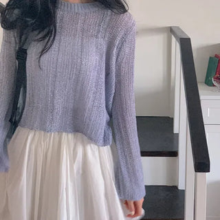 Wood Delicate Fit Layered Round Neck See-through Mesh Knit