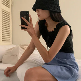 Tiny Off-Shoulder Two-Way Shirred Ribbon Sleeveless T-Shirt