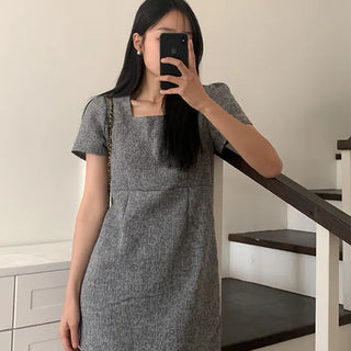 Pocky's Square Neck Tweed Short Sleeve Mini Dress