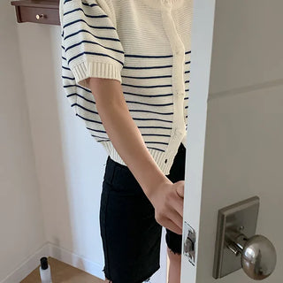 Bona Striped Short Sleeve Knit Cardigan