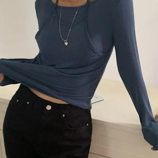 Kimiz Stretchy Spandex Halter Neck Layered Long Sleeve T-shirt