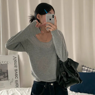 [Fleece-lined ver/Standard Fit] Basic Round Autumn/Winter Plain Inner Square Neck Loose Fit Layered Long Sleeve Tee (6 colors)