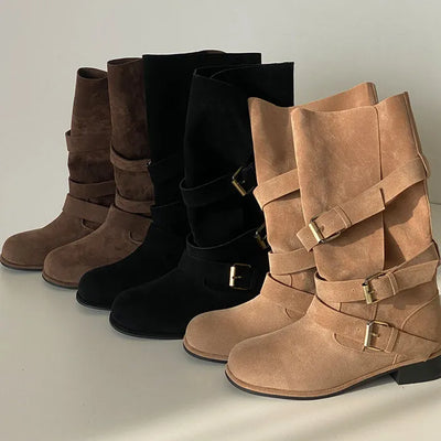 Steely Buckle Suede Mid-calf Boots [3.5CM]