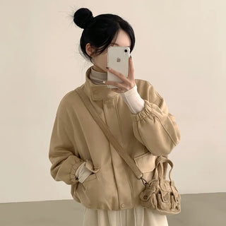 Full of Cuteness, Suede High-Neck Mandarin Collar Pocket Jumper