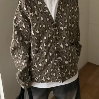 Oversized leopard print wool blend cardigan
