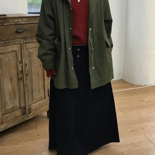 Button Corduroy Denim Long Skirt