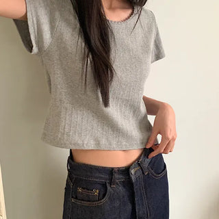 Wish Ribbed Lace Short Sleeve T-shirt
