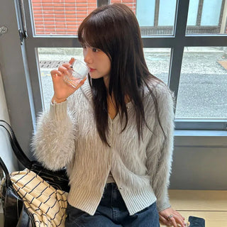 Fur knit hooded cardigan 3 colors