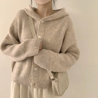 Cozy Avant-Leg Fit, Thick Wool Hooded Long Sleeve Knit Cardigan