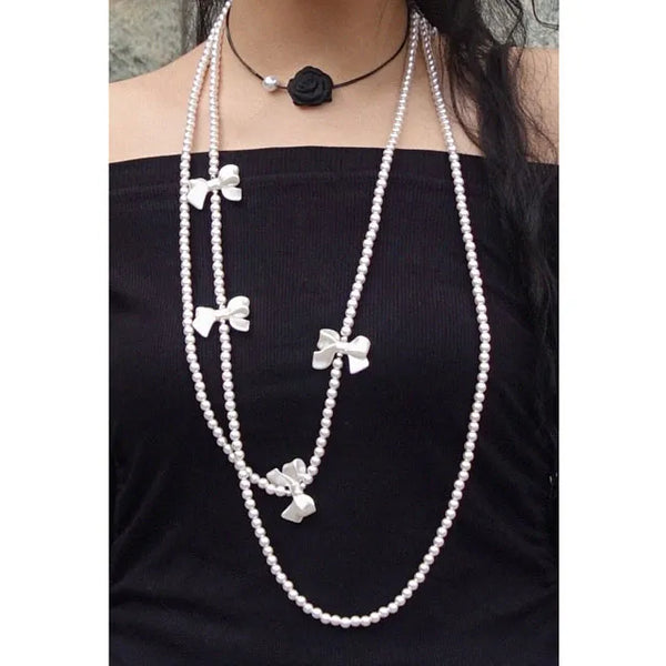 Ribbon pearl long necklace