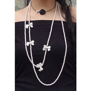 Ribbon pearl long necklace