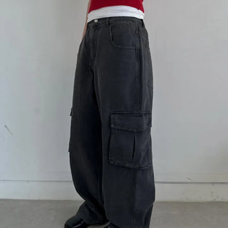 Unisex Cargo Denim Pants with Elastic Waist at the Back