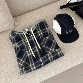 Oversized◈Hoodie Check Shirt Vintage Transitional Season Peach Cotton Oversized Boxy Fit Y2K Check Shirt