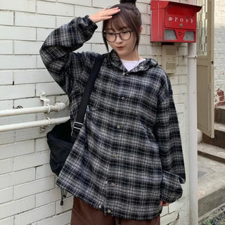 [UNISEX] Fillet Hooded Loose Fit Check Shirt