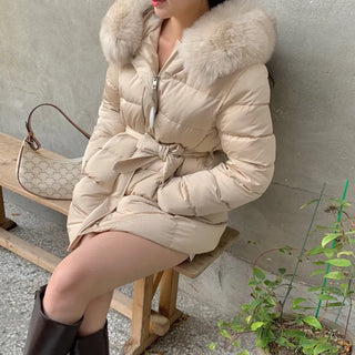 Dierre 100% Duck Down Fox Fur Belted Half Padded Jacket