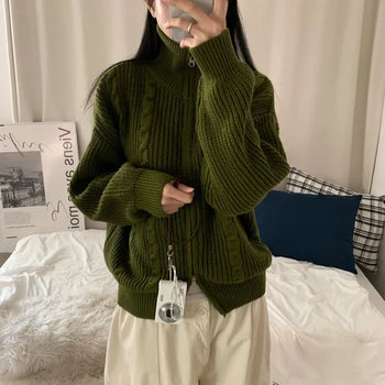 [Loose Fit/Until Winter~] High-Neck Cable Knit Two-Way Zip-Up (5 colors)