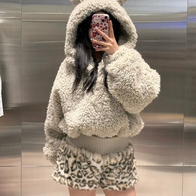 Leopard print fur shorts