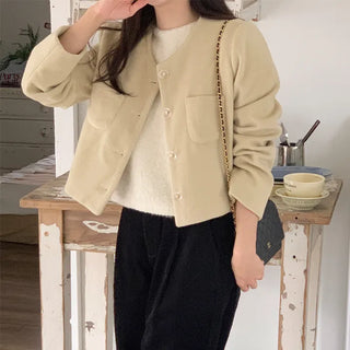 Autumn/Winter Gold Button Collarless Crop Jacket