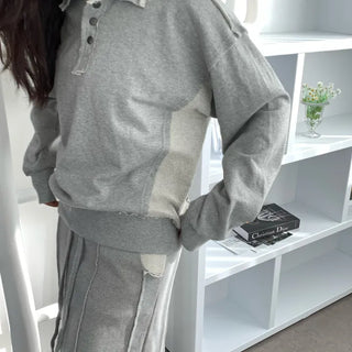 Raw Color Block Collar Snap Sweatshirt