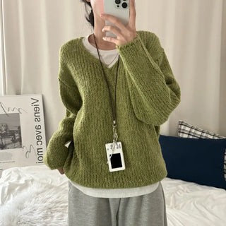 [Oversized] Heathered V-neck Basic Long Sleeve Knit