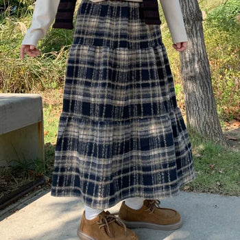 Hikits check wool long skirt
